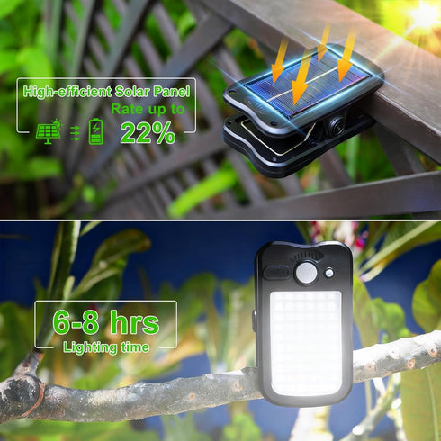 60 3 (2 Pack) Tryme Clip on Solar Lights Outdoor Motion Sensor Lights LEDs, Modes, Dual Charging, Portable Waterproof