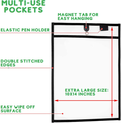 Magnetic Dry Erase Pockets by Two Point, 30-Pack, 10 x 14 in, Black Clear Plastic Sleeves for Paper