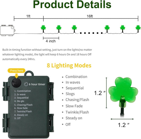 50 16 8 1 Pack LJLNION St. Patricks Day String Lights Outdoor, LED FT Shamrocks Decorative Green Leaf Lights Battery