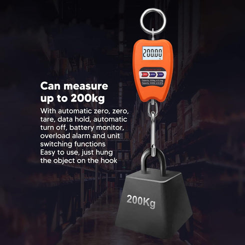 440lb Digital Hanging Scale with LCD Display, Multifunctional Portable Handheld 200Kg Load Mini Crane Hanging Scale