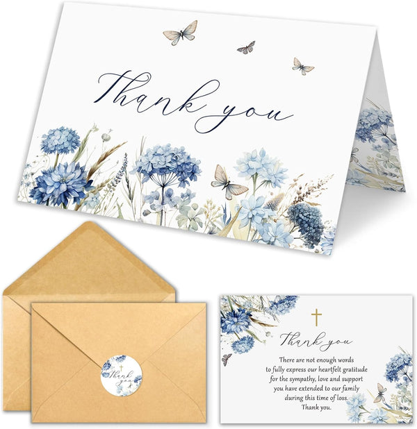 CYGGUN 25 Pcs Funeral Thank You Cards with Envelopes, 46 In Watercolor Blue