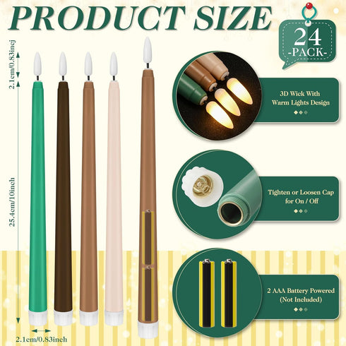 24 11'' Baquler Pcs Green Brown Flameless Taper Candles Woodland Battery Operated Candles LED Plastic Flickering