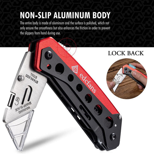 edcfans Folding Utility Knife Box Cutter with 5 Razor Blades, Pocket Clip, Screwdriver, Saw, and Holder for Belt