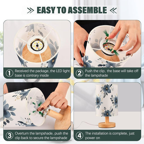 Bedside Table Lamp, Flower Leaves Hs Pattern Small LED DeskLight USB Nightstand Lamp with Non Slip Wood Base