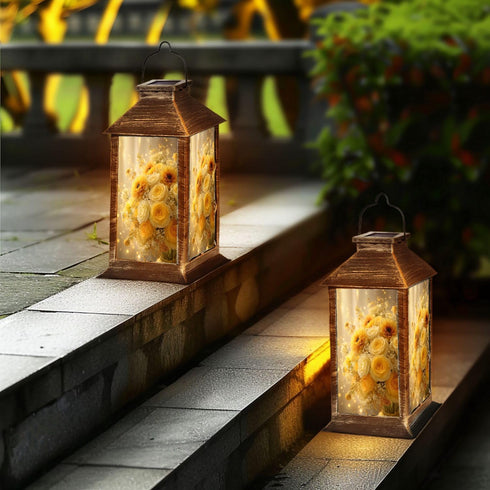 RAINFALLARING Solar Lantern Elegant Yellow White Rose Bouquet Sunflowers Glitter Accents Outdoor Waterproof Hanging