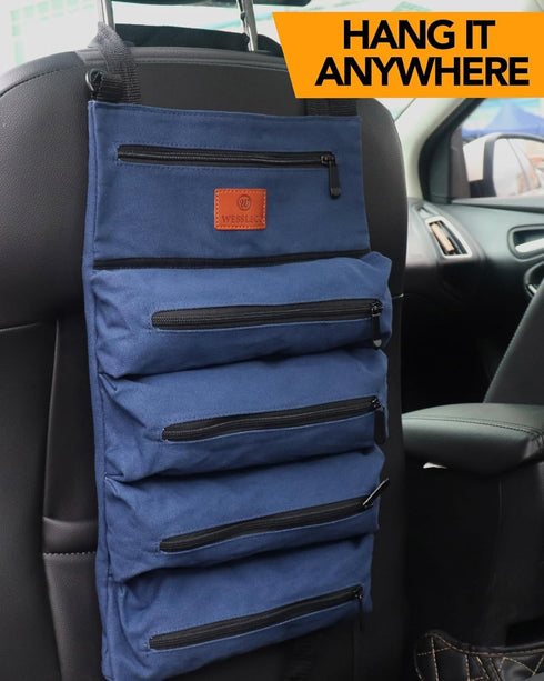 Roll Up Tool Bag, 16OZ Canvas Wrench Roll Up Pouch, Multi-Purpose Tool Organizer with 5 Zippered Pockets