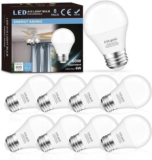 Cotanic 8 Pack Ceiling Fan Light Bulb, 5000K Daylight, E26 Base A15 LED, 60W Equivalent, 600lm, Non-Dimmable