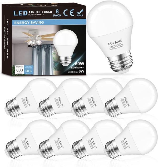 Cotanic 8 Pack Ceiling Fan Light Bulb, 5000K Daylight, E26 Base A15 LED, 60W Equivalent, 600lm, Non-Dimmable