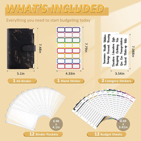 Onlyesh Budget Binder with Cash Envelopes, 28Pcs Money Organizer for Cash, Marble 6-Ring Money Saving Binder (Black).