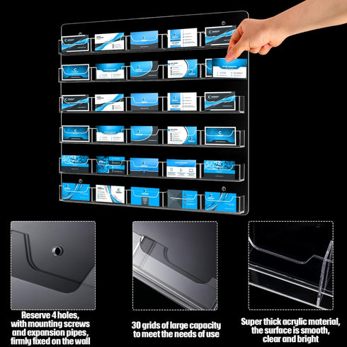 Hillban Clear Acrylic Business Card Holder Wall Mount, Multiple Card Organizing Display Rack with 30 Pockets
