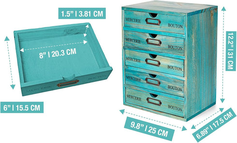 Turquoise 5-Tier Drawer Desktop Curio Cabinet, French Farmhouse Country Desk Organizer Box with Label Holder