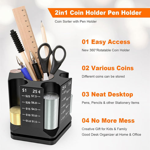 Coin Counter Coin Sorter, Creative 2 in-1 Desk Organizer, 360° Rotatable Coin Sorter & Pen Holder