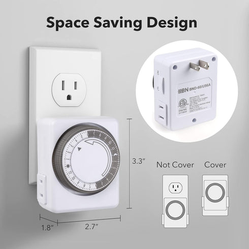 HBN Indoor Timers for Electrical Outlets, 24 Hour Mechanical Outlet Timer, Dual Outlets, Heavy Duty Daily Cycle