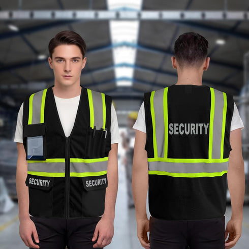Security Vest for Security Guard, Safety Vest with Pockets, Reflective Work Wear with Zipper, High Visibility apparel