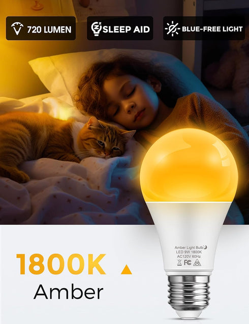 L LOHAS LED Sleep aid Amber Light Bulbs, Blue Light Blocking, A19 9W(60 Watt Equivalent) Dim Light Bulbs, 1800K Warm Light Bulb, E26 Base, 4 Pack by L LOHAS LED