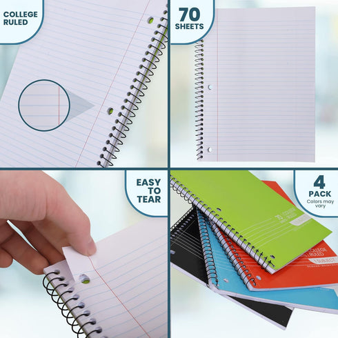Spiral Notebooks, 1-Subject Notebook, College Ruled Spiral Notebooks - 70 Sheets - 3 Hole Punched, 1 Subject Notebooks