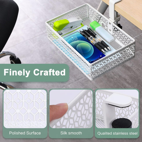 ROSYLINE Drawer Under Desk Storage Organizer - Clamp on Desk Drawer, Hanging Desk Storage, Under Desk Mount Tray, White