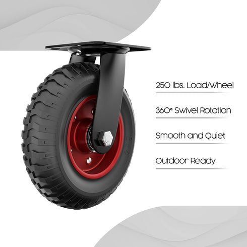 Houseables Heavy Duty Swivel Caster Wheel, 8 Inch, 1 Wheel, Red Rim, Rubber, Cast Iron, Large, Flat Free for Carts,
