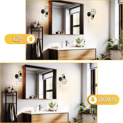 E26 (1-Light, Bulb) Pull Chain Wall Sconce Wire Cage Wall Light Fixtures with On Off Switch Hardwired Black Metal