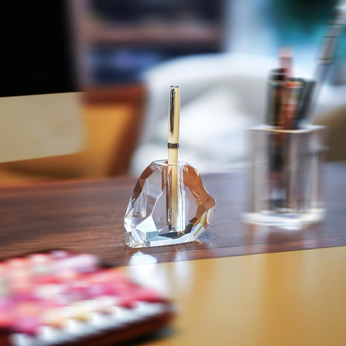 QFkris 3.5'' Crystal Signature Fountain Pen & Pencil Holder, Heart Shaped Glass Cut Pen Stand, Office Supplies Desktop