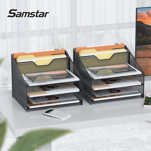 Samstar 2 Pack Mesh Desk File Organizer - Letter Tray Holder with 3 Paper Trays and 2 Vertical Sections, Black