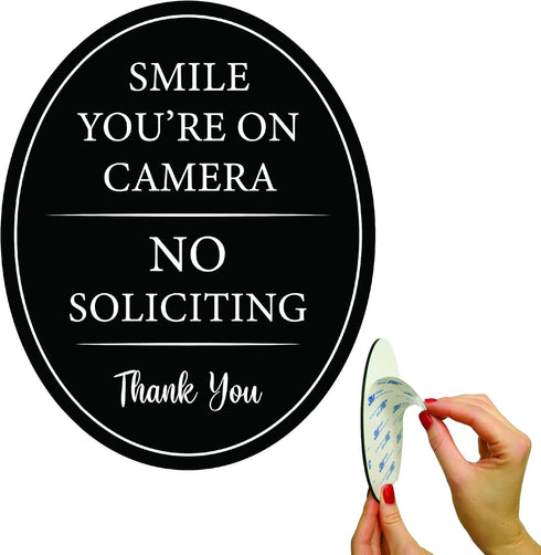 4" x 5" Smile You're on Camera & No Soliciting Sign, 3M Self-Adhesive for Door, Window, Wall, Durable Aluminum