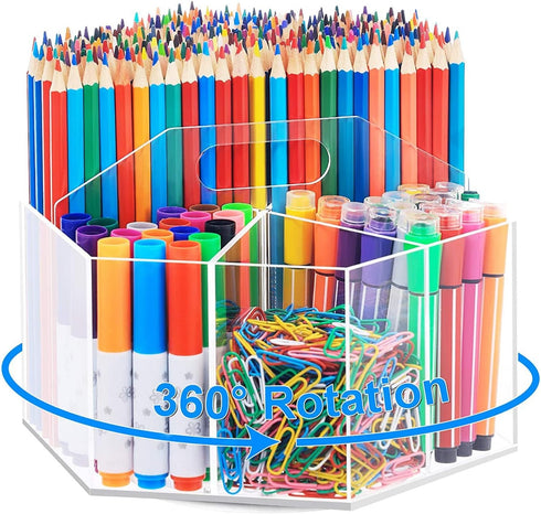 OIF Acrylic Pen Holder, 360-Degree Rotating Pencil Organizer with 6 Compartments for Kids, Office Desk