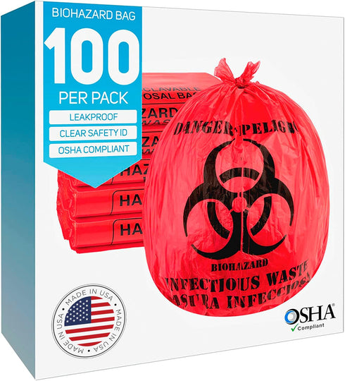 Trashanium Biohazard Waste Bags, 10-Gallon, 100 Count, Red, No Leak Bags, Medical Grade,