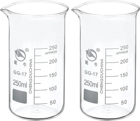 PATIKIL 250ml Tall Form Glass Beaker, 2 Pack 3.3 Borosilicate Glass Graduated Measuring Cups with Spout for Kitchen