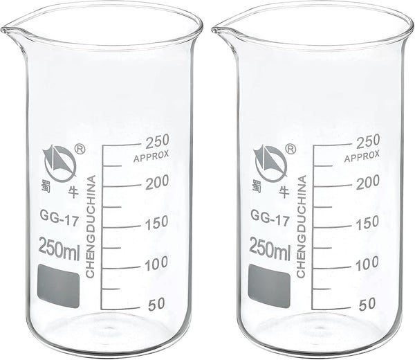 PATIKIL 250ml Tall Form Glass Beaker, 2 Pack 3.3 Borosilicate Glass Graduated Measuring Cups with Spout for Kitchen