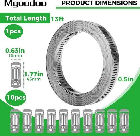 Mgoodoo Hoses Clamps 304 Stainless Steel Worm Clamps Assortment Kit, 13 FT Large Hose Clamp Strap with 10 Fasteners, Worm Gear Hose Clamps Adjustable Pipe Clamp for Intercooler Plumbing Tube Fuel Line
