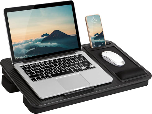 LAPGEAR Large Adjustable Lap Desk, Memory Foam Wrist Rest, Mouse Pad, Phone Holder, Fits up to 15.6 Inch Laptops (Black