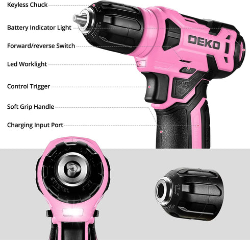 Set, Set 8V 126 DEKOPRO Drill Home Tool with Pink Cordless Drill, Hand Tool Kit for Women, pcs