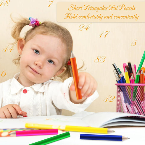 Qilery 30 Pcs Neon Color Short Triangular Fat Pencils 3.5 Inch with Sharpener & 2 Erasers - Jumbo Pencils for Kids