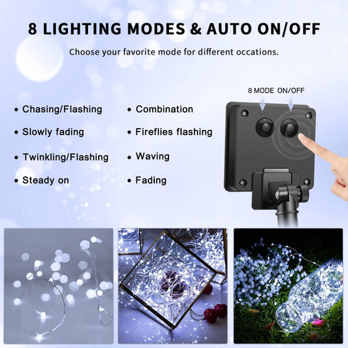 4 Pack 100 33ft 8 JMEXSUSS LED Solar String Lights for Outside, White Solar Fairy Lights Outdoor Waterproof, Modes