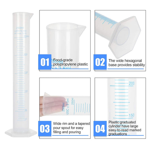 5Pack 250ml Plastic Graduated Cylinder, Durable Lab Test Tube Flask with 2-Sided Measuring Lines