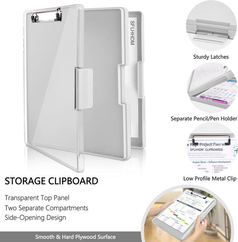 Clipboard with Storage, Heavy Duty Clip Boards 8.5x11 with 2 Storage Cases, Clear Top Panel Clipboards