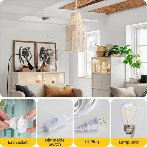 (Type4) Bioaqua Boho Lamp Shade,Boho Hanging Lamp Handmade Macrame Lamp Shade Plug in Pendant Light,Bohemian Hanging