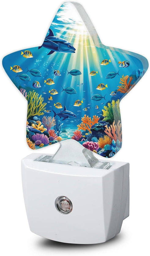 Underwater World Night Light,Sea Ocean Fish Plug-in Star Night Lights with Dusk-to-Dawn