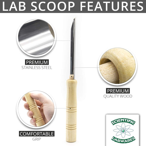 Scientific Labwares Lab Scoop Spatula with Wooden Handle - Pack of 6 for Gardening, Classroom, Research
