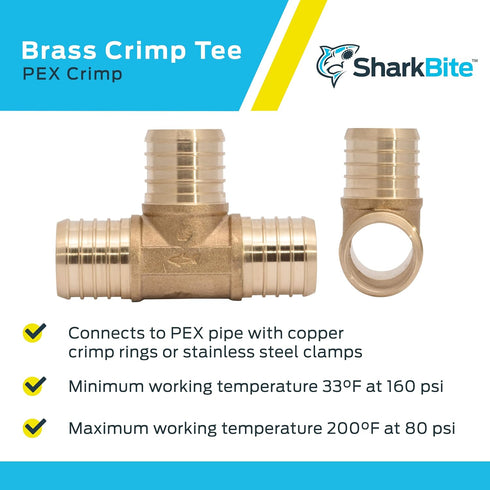 SharkBite 1-1/4 Inch Crimp Tee, Brass Plumbing Fitting, PEX Pipe, PE-RT, UC0835