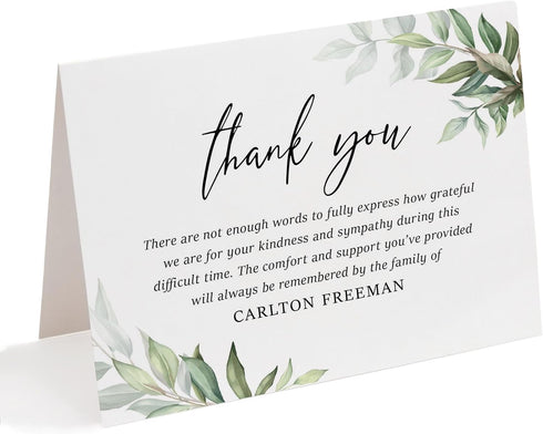 Folded Sympathy Thank You Cards - Greenery and Leaves Design, Personalized Memorial
