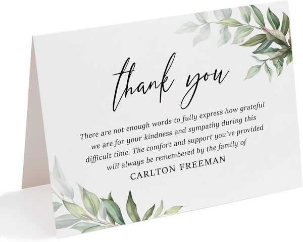 Folded Sympathy Thank You Cards - Greenery and Leaves Design, Personalized Memorial