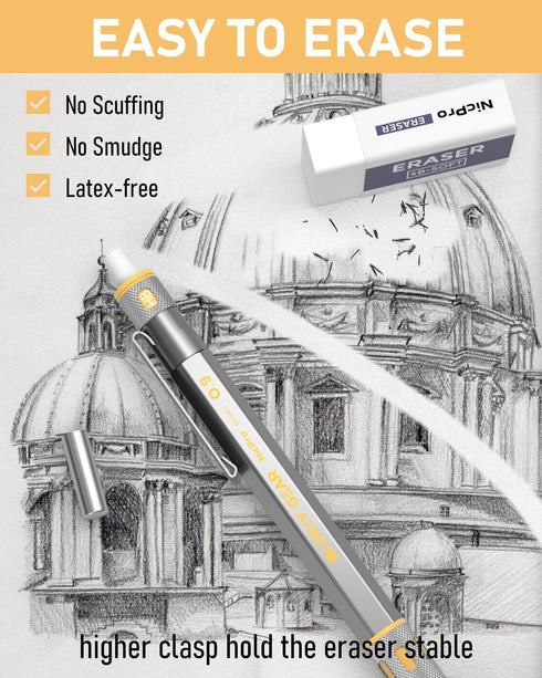 Nicpro Blocky Gear 0.9mm Mechanical Pencils Set in Case, Metal Pencil with HB Lead Refills, Eraser