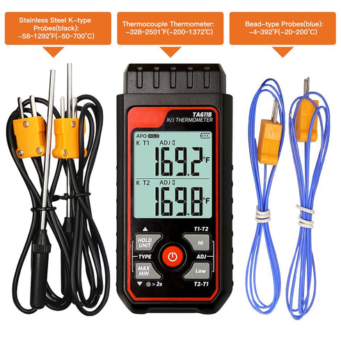 -328~2501 4PCS Digital Thermocouple Thermometer Dual-Channel K/J Type Thermometer Wide Range Industrial HVAC