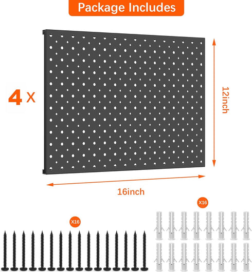 TORACK 4Pcs Metal Pegboard Panels 12"x16" for Garage, Workbench, Tool Organizer with 1/8" & 1/4" Holes, Black