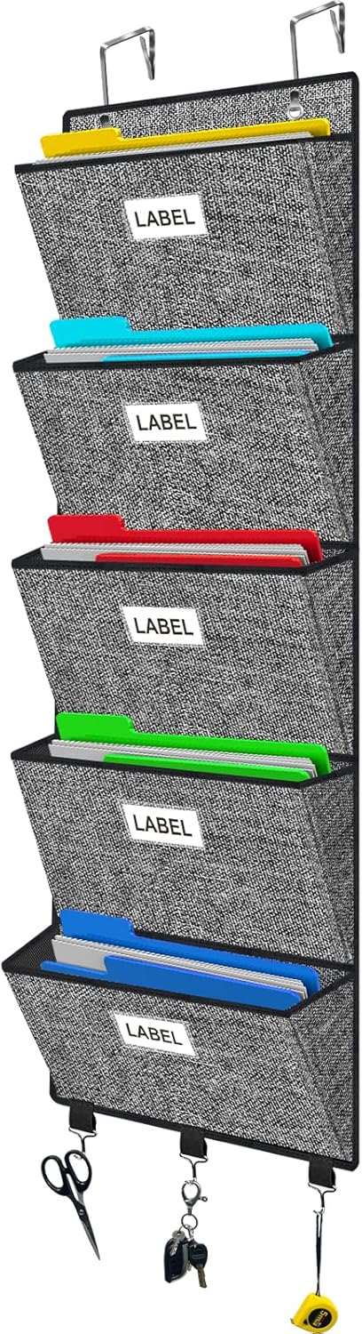 homyfort Over the Door File Organizer, Hanging Wall File Folders with 5 Large Pockets for Papers, Charts, Mails, Office