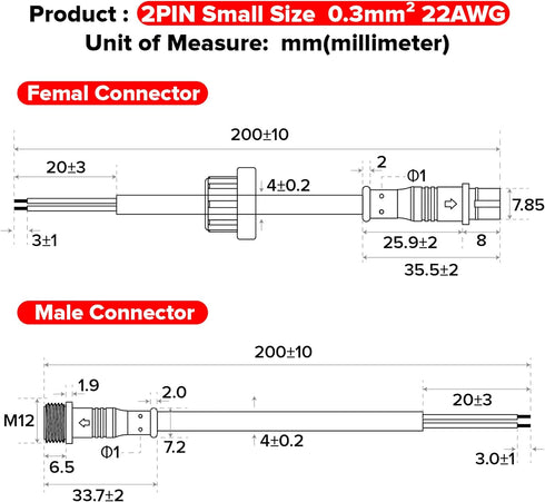 BTF-LIGHTING 2 Pin Electrical Connector - 22AWG IP65 Male Female Extension Cable for LED Strip Lights