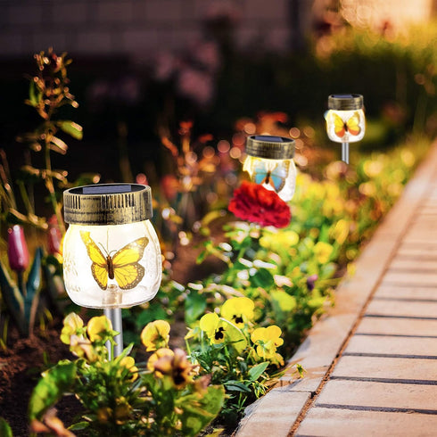 SUNWIND 3 Pack Solar Garden Lights Outdoor Decorative - Decorative Butterfly Glass Jar Lights for Pathway, Lawn, Yard