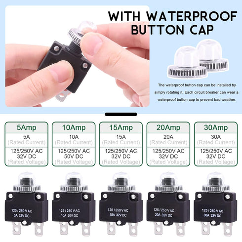 Keadic 40 Pcs Push Button Circuit Breaker Assorted Set, 5/10/15/20/30A, AC125-250V, 32VDC
